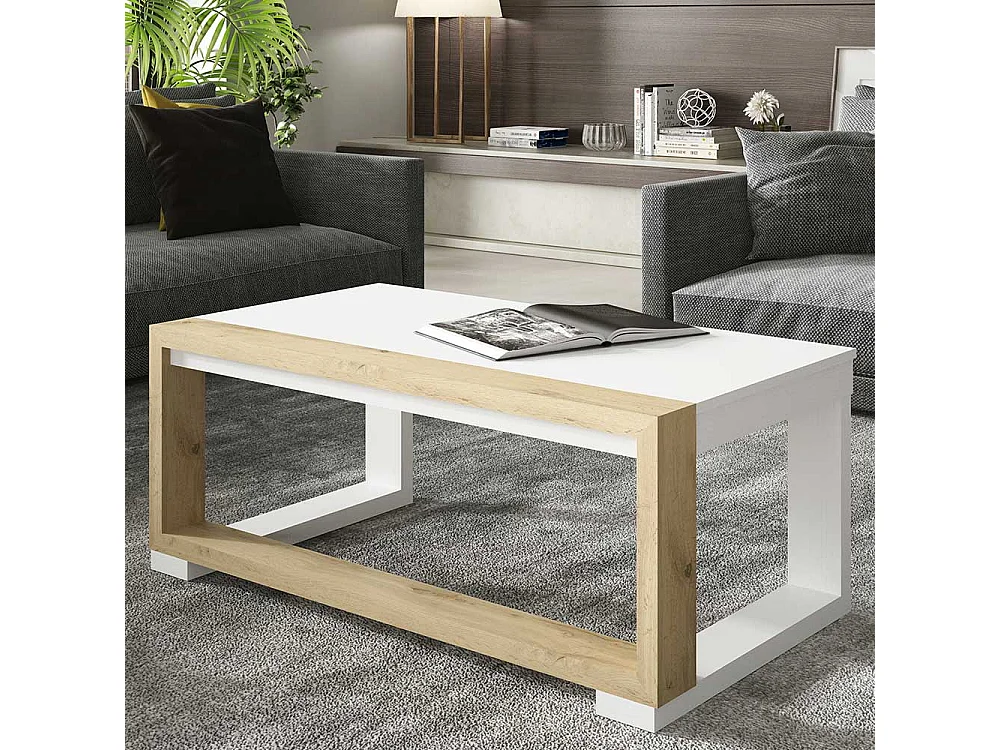 Wohnzimmertisch in Weiß und Wildeiche Optik höhenverstellbar