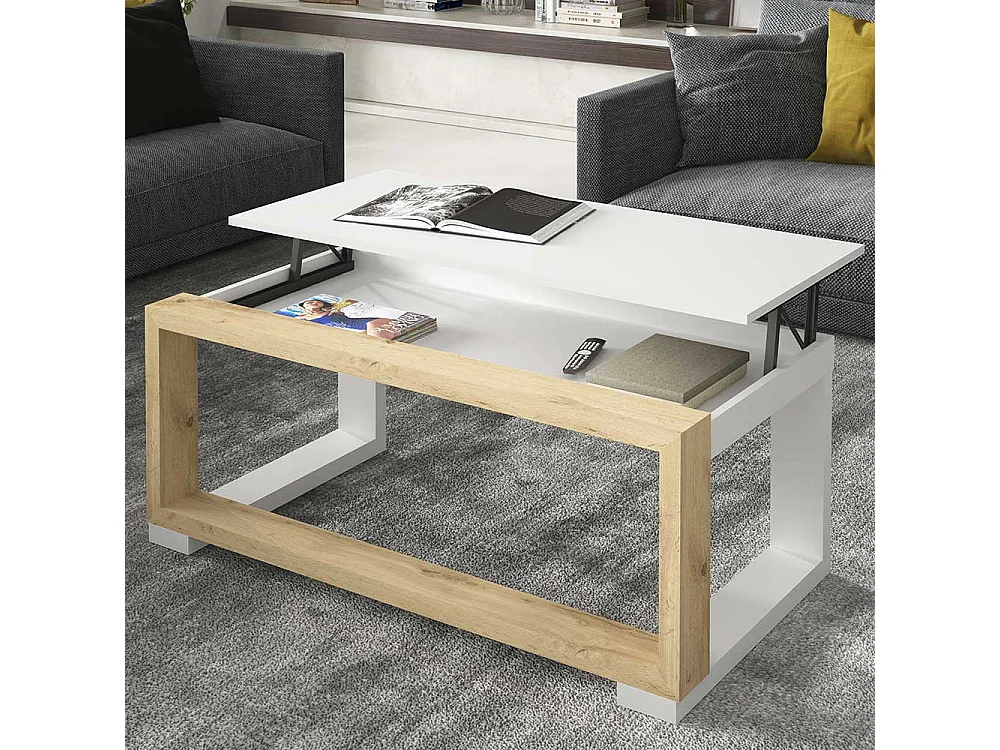 Wohnzimmertisch in Weiß und Wildeiche Optik höhenverstellbar