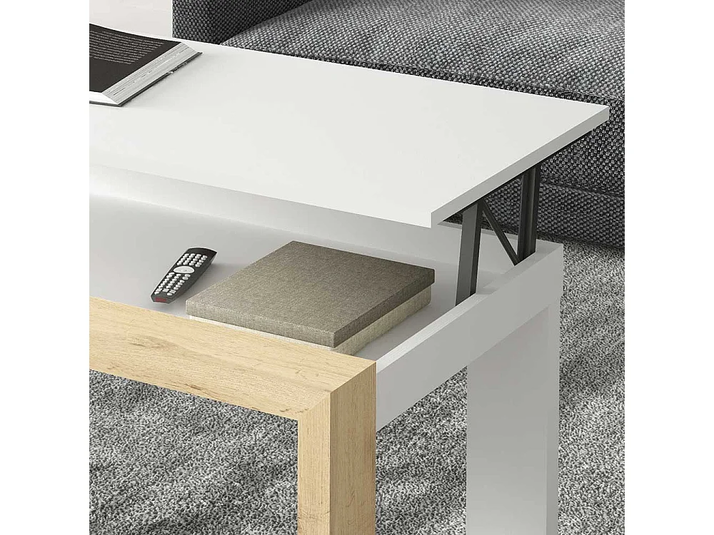 Wohnzimmertisch in Weiß und Wildeiche Optik höhenverstellbar