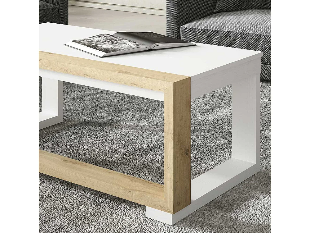 Wohnzimmertisch in Weiß und Wildeiche Optik höhenverstellbar