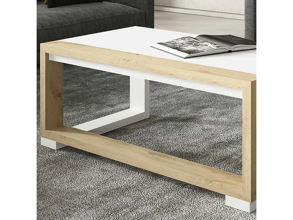 Wohnzimmertisch in Weiß und Wildeiche Optik höhenverstellbar