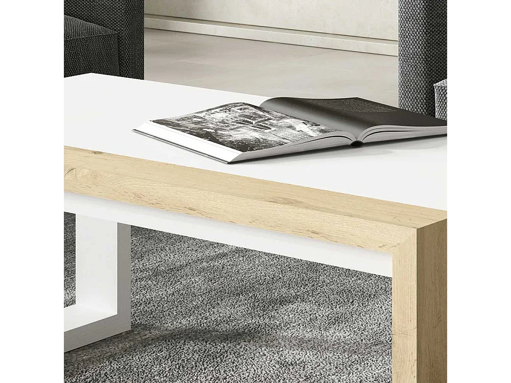 Wohnzimmertisch in Weiß und Wildeiche Optik höhenverstellbar