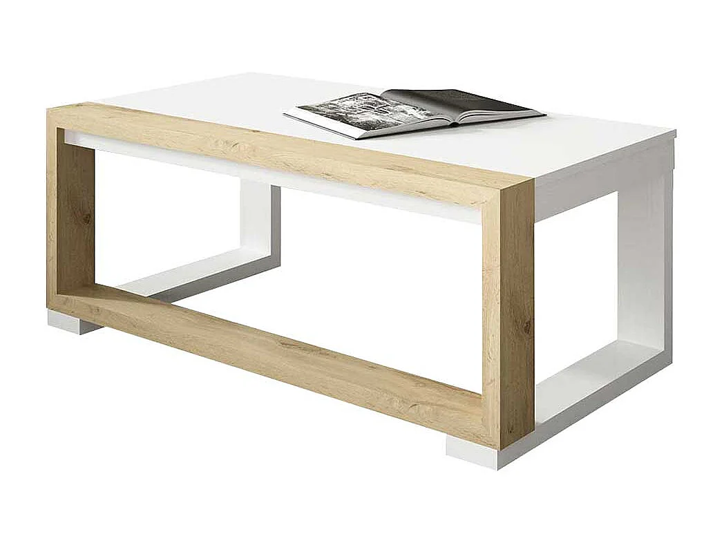 Wohnzimmertisch in Weiß und Wildeiche Optik höhenverstellbar