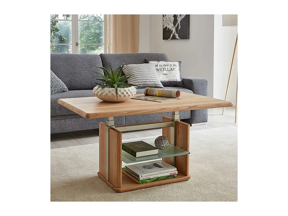 Wohnzimmer Tisch in Wildeiche Bianco massiv und Glas rollbar