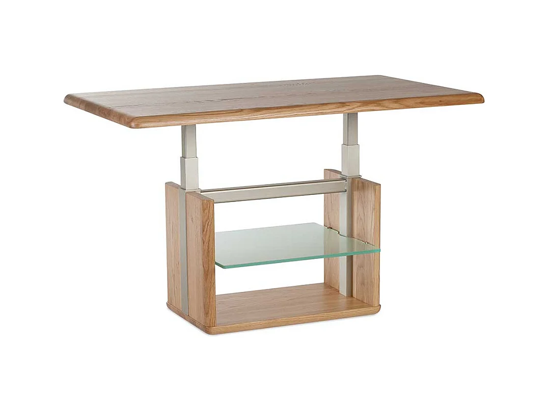 Wohnzimmer Tisch in Wildeiche Bianco massiv und Glas rollbar