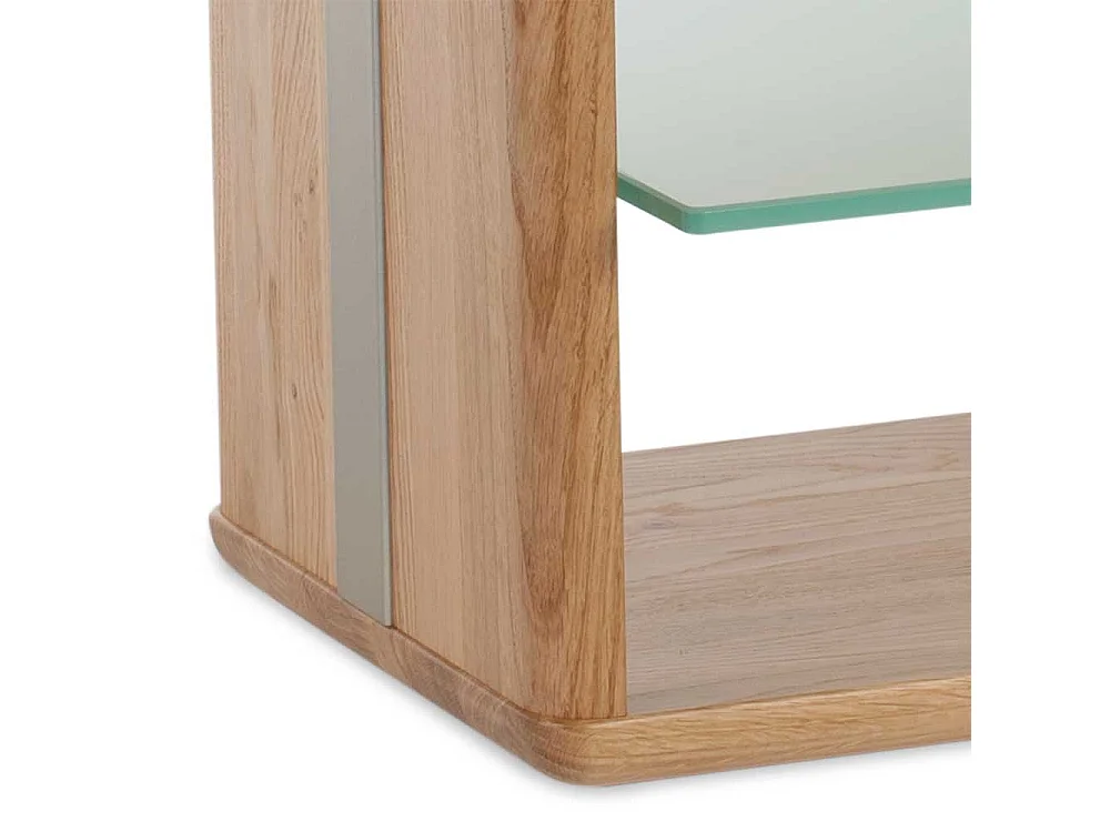 Wohnzimmer Tisch in Wildeiche Bianco massiv und Glas rollbar