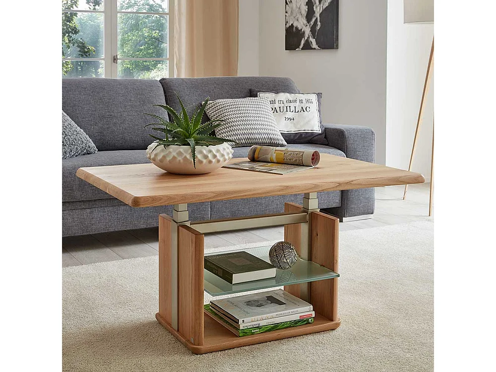 Wohnzimmer Tisch in Wildeiche Bianco massiv und Glas rollbar