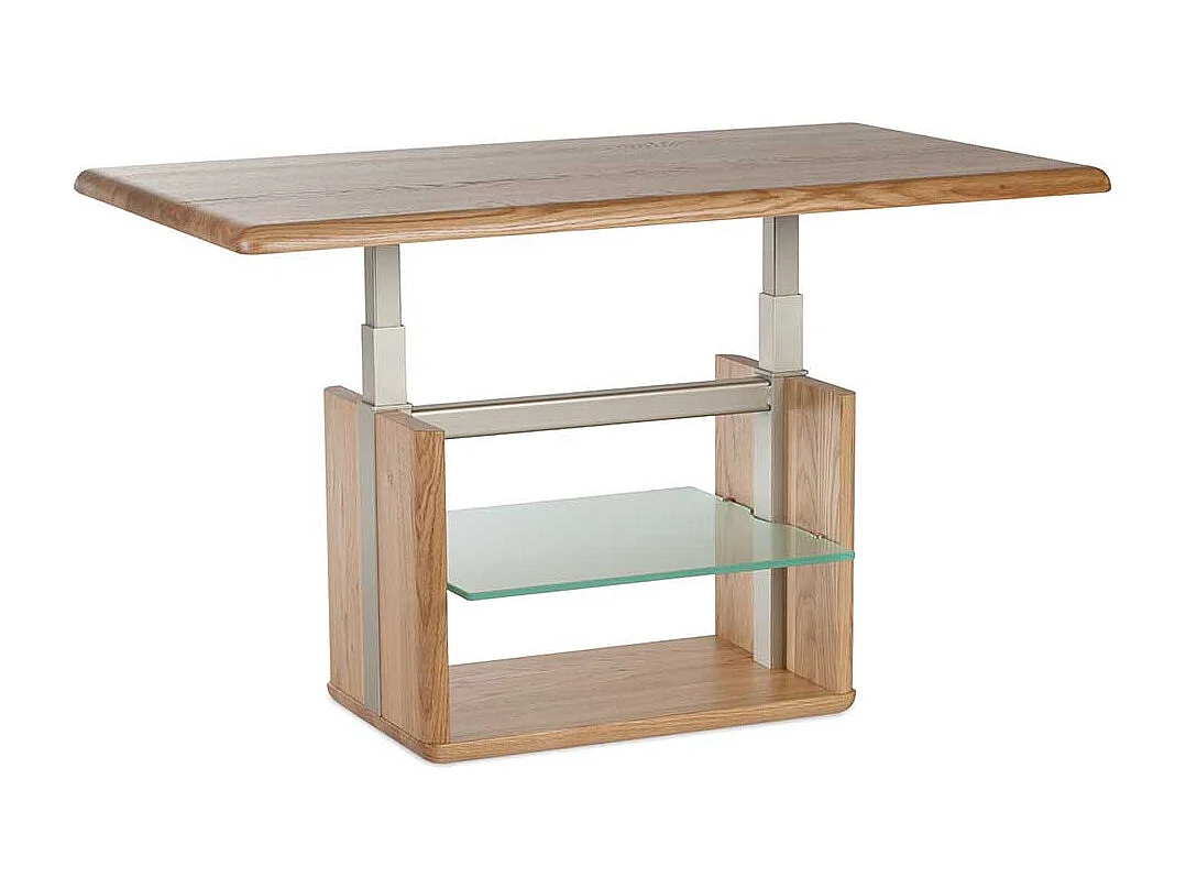 Wohnzimmer Tisch in Wildeiche Bianco massiv und Glas rollbar