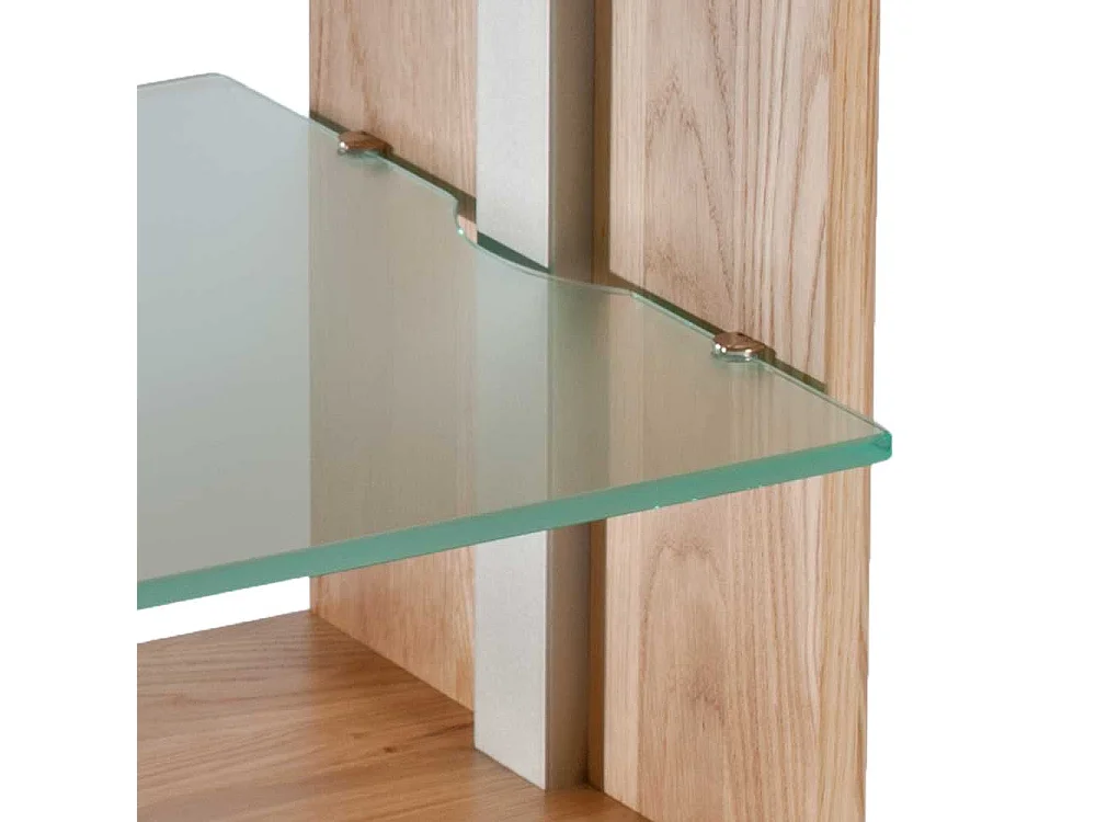 Wohnzimmer Tisch in Wildeiche Bianco massiv und Glas rollbar