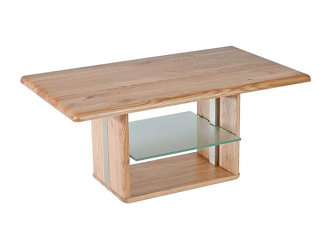 Wohnzimmer Tisch in Wildeiche Bianco massiv und Glas rollbar