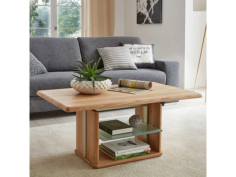 Wohnzimmer Tisch in Wildeiche Bianco massiv und Glas rollbar