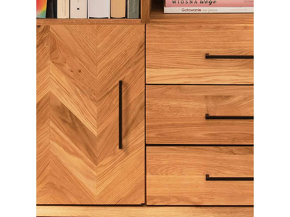 Wildeiche Regal massiv im Skandi Design drei Schubladen