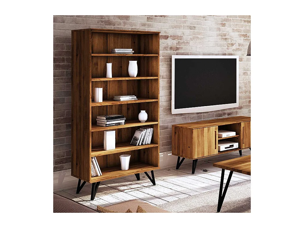 Wohnzimmer Regal aus Wildeiche Massivholz und Stahl 185 cm hoch