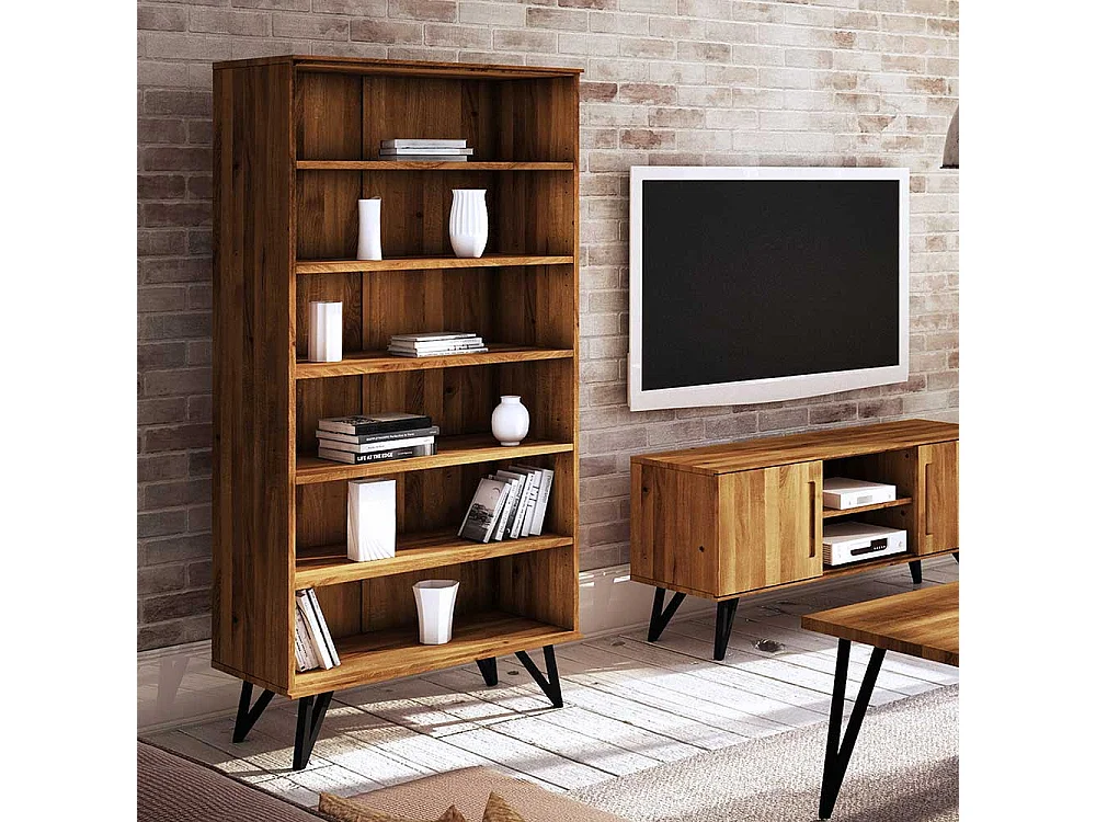 Wohnzimmer Regal aus Wildeiche Massivholz und Stahl 185 cm hoch