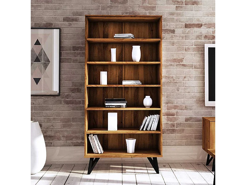 Wohnzimmer Regal aus Wildeiche Massivholz und Stahl 185 cm hoch