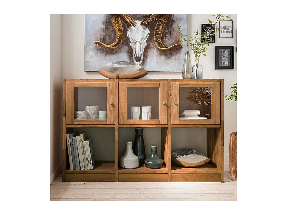 Standregal aus Wildeiche Massivholz mit Glastüren