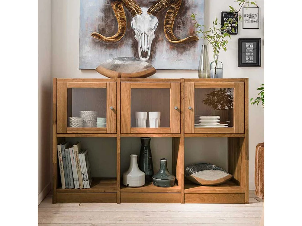 Standregal aus Wildeiche Massivholz mit Glastüren