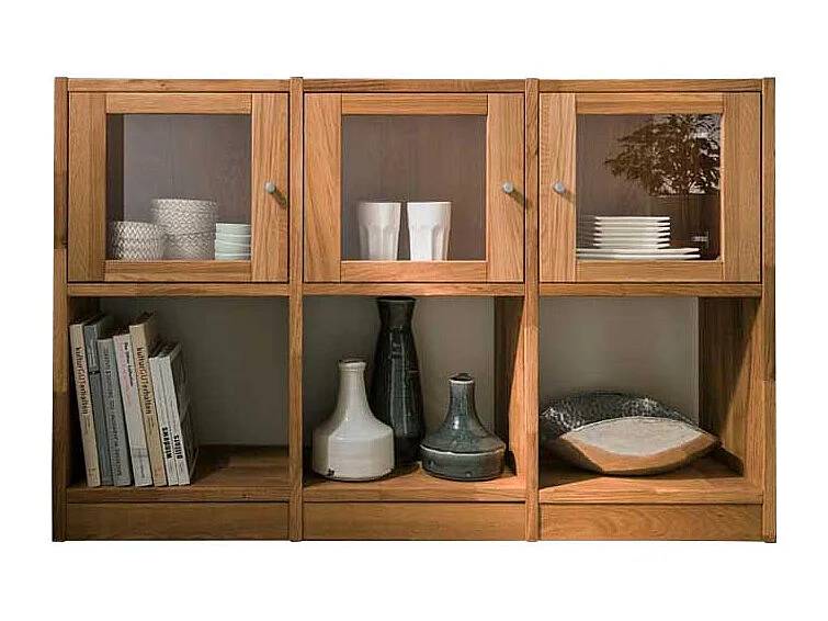 Standregal aus Wildeiche Massivholz mit Glastüren