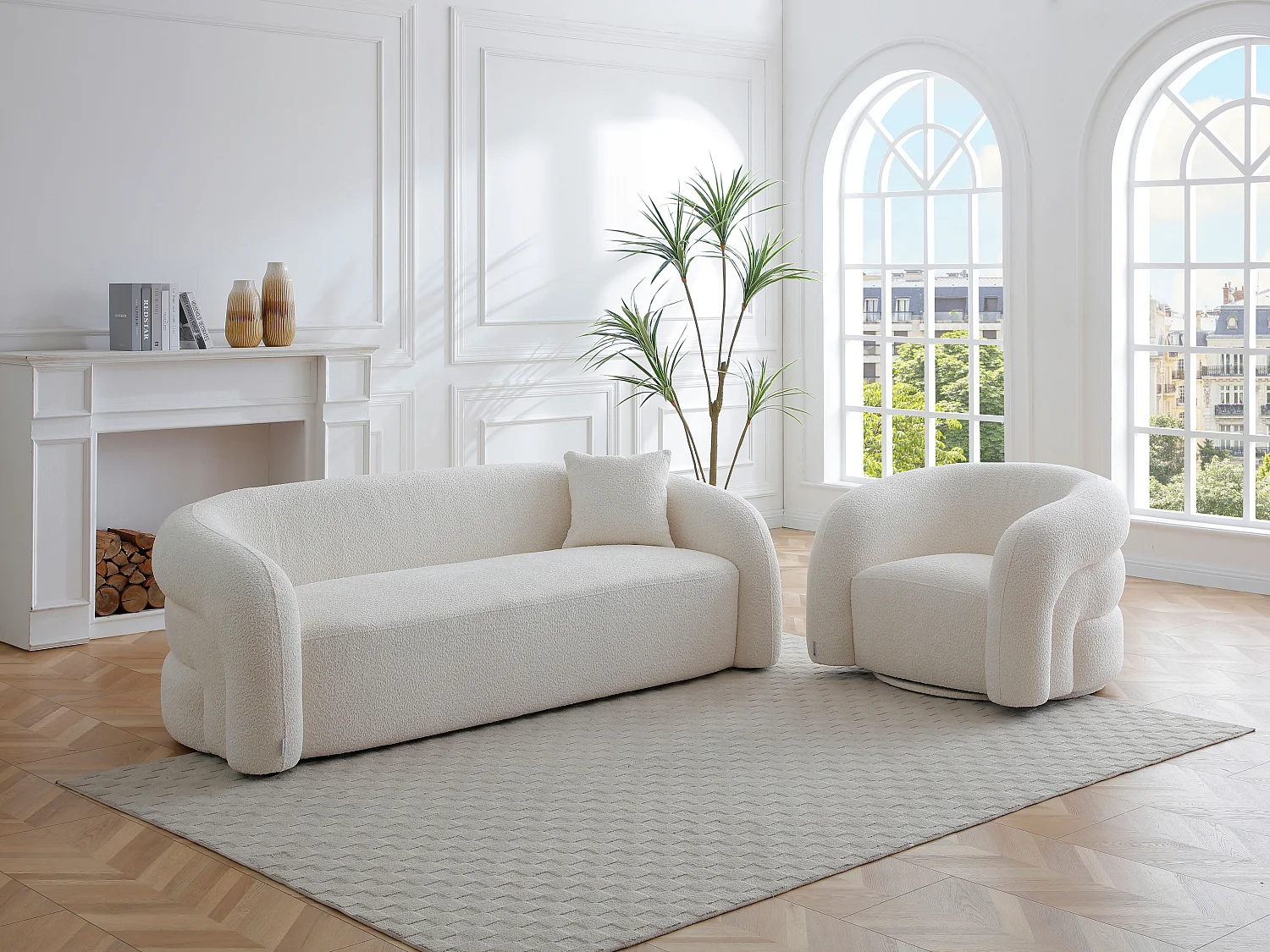Canapé 3 places et fauteuil en tissu bouclette blanc LAPIOTA de Maison Céphy