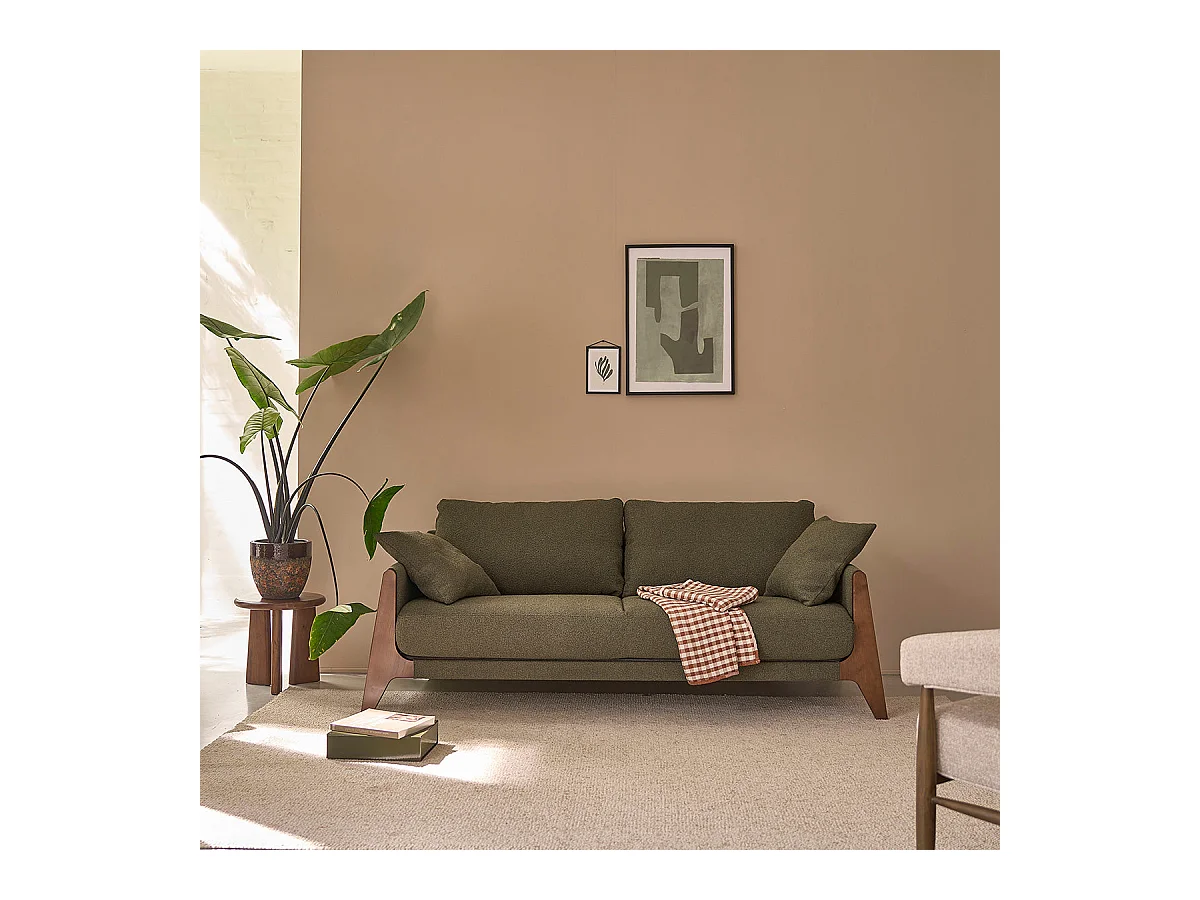 Canapé droit 3 places en bois massif et tissu bouclette