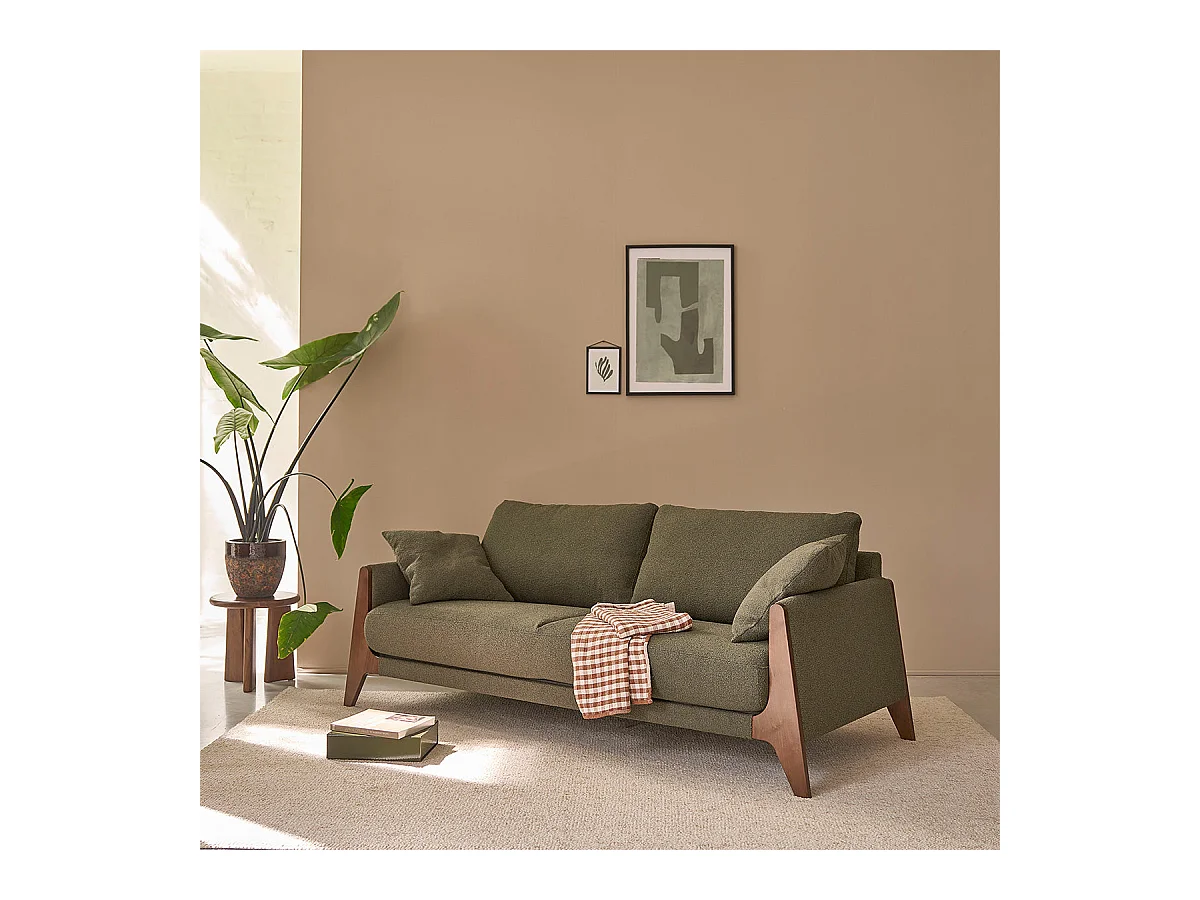 Canapé droit 3 places en bois massif et tissu bouclette