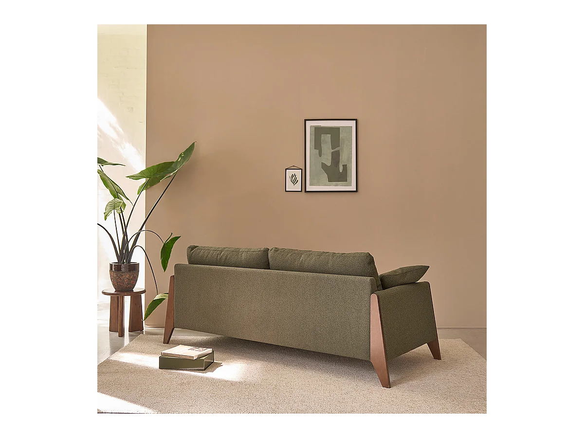 Canapé droit 3 places en bois massif et tissu bouclette