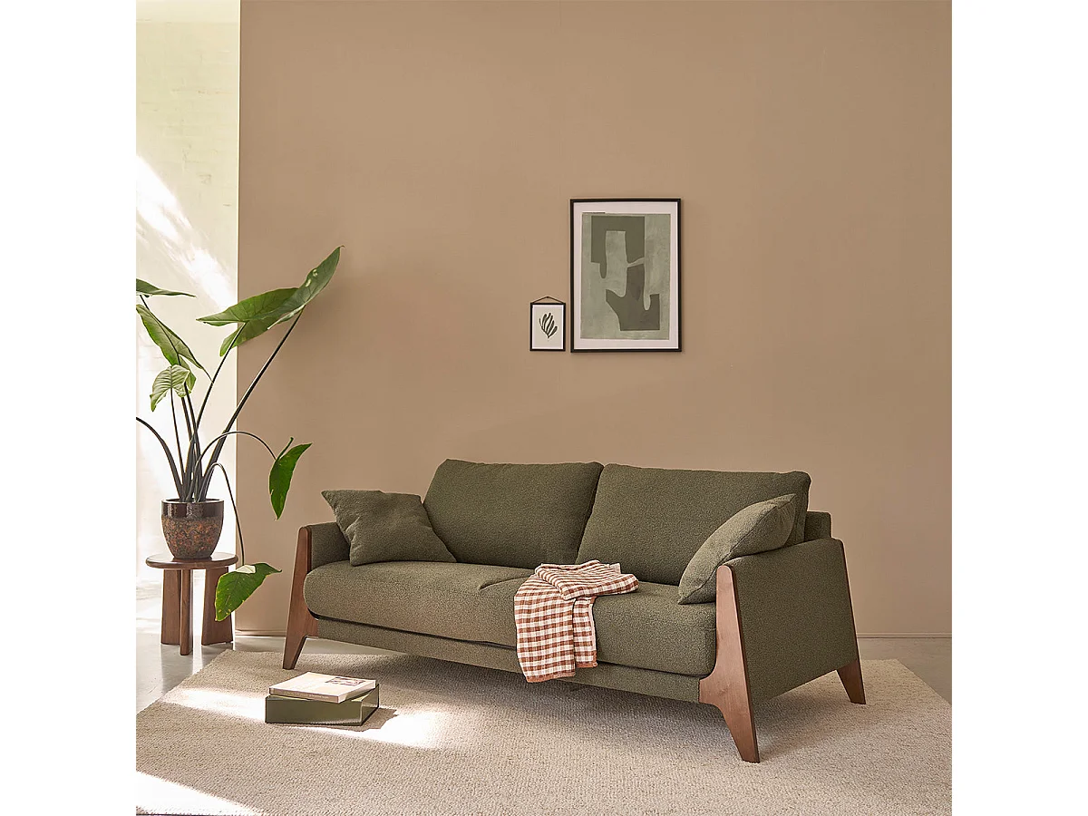 Canapé droit 3 places en bois massif et tissu bouclette