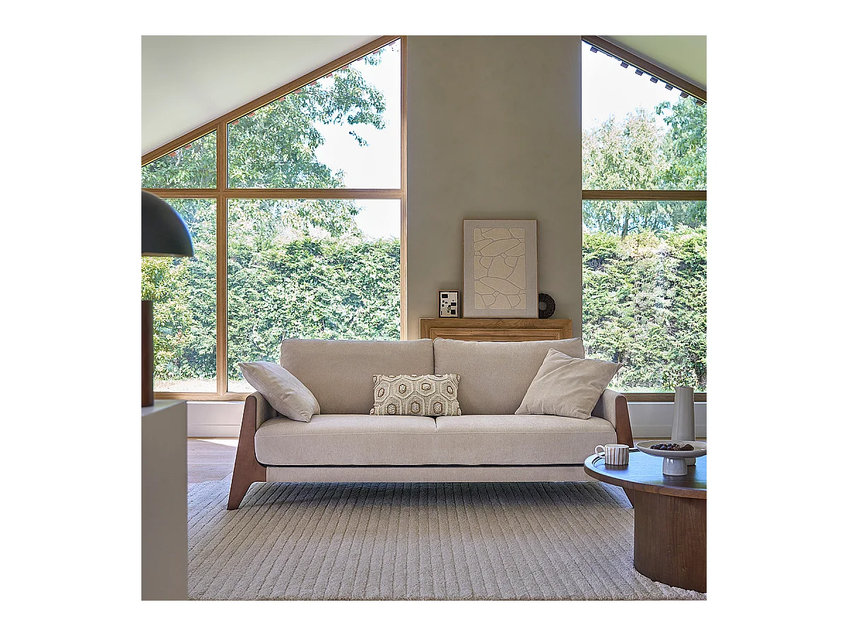 Divano lineare a 4 posti in legno massello e velluto beige screziato
