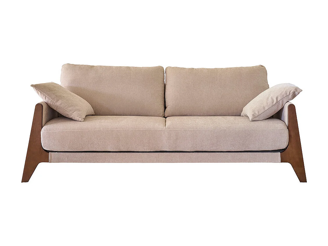 Sofá recto de 4 plazas de madera maciza y terciopelo beige chiné