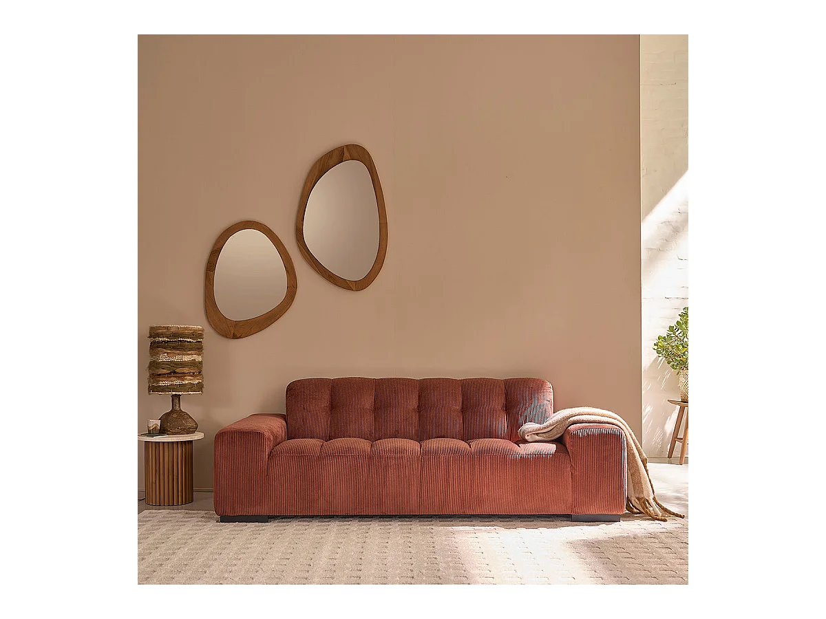 Canapé droit 3 places en velours côtelé terracotta