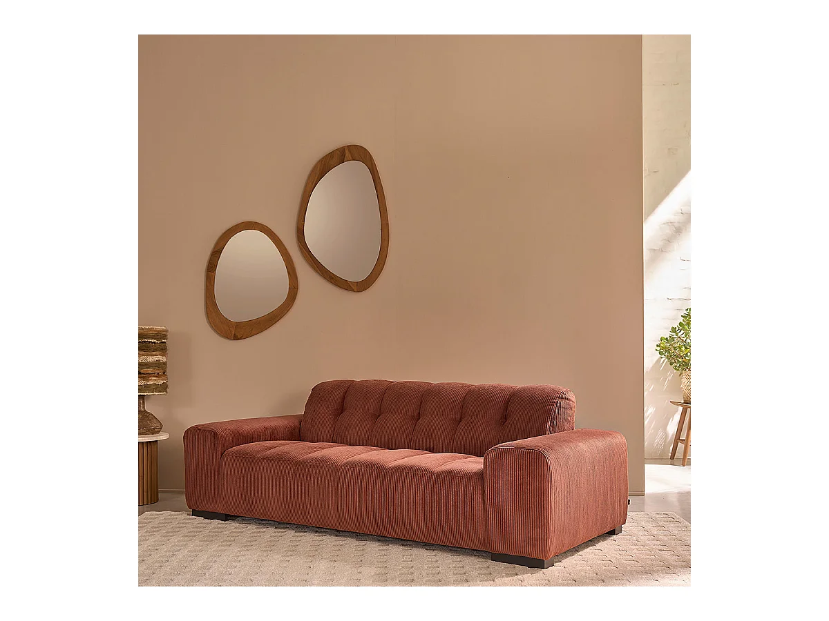 Canapé droit 3 places en velours côtelé terracotta