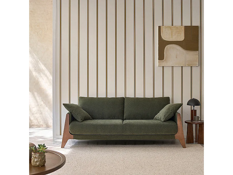 Canapé droit 3 places en bois massif et tissu velours vert mousse