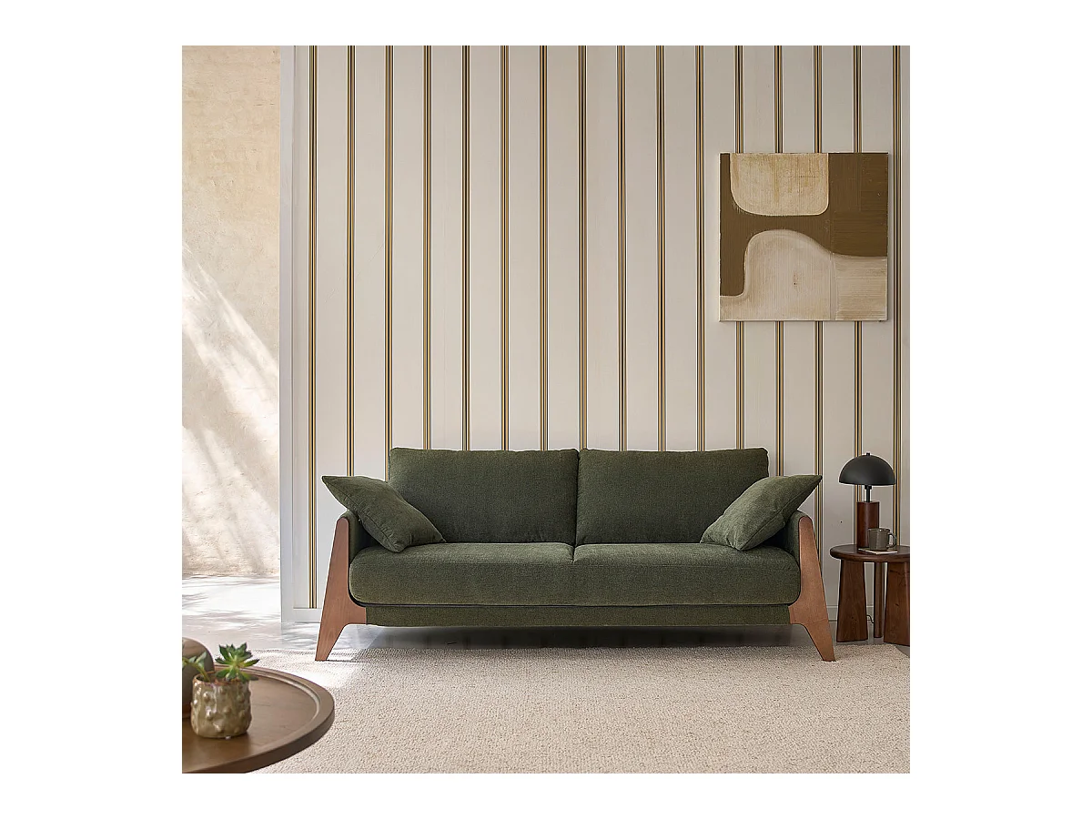 Canapé droit 3 places en bois massif et tissu velours vert mousse