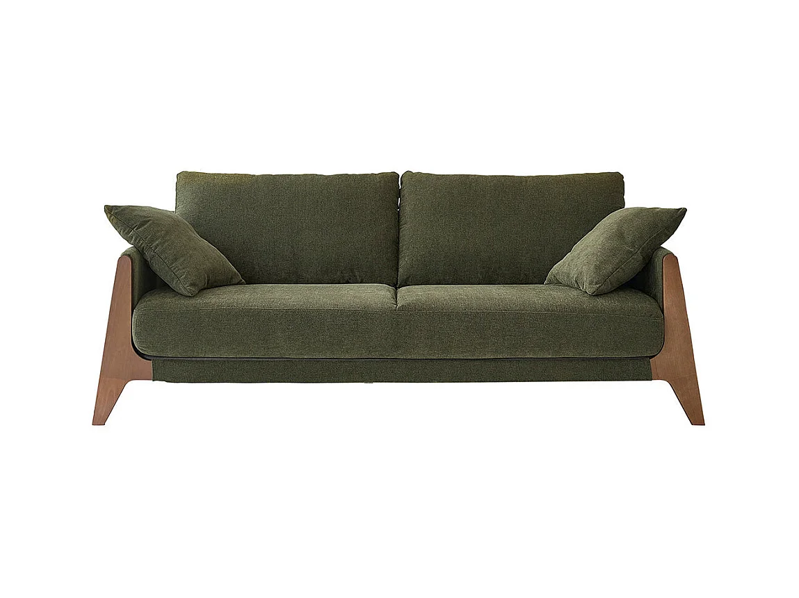 Canapé droit 3 places en bois massif et tissu velours vert mousse