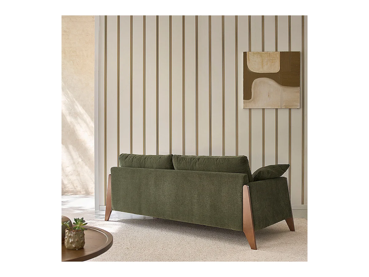 Canapé droit 3 places en bois massif et tissu velours vert mousse