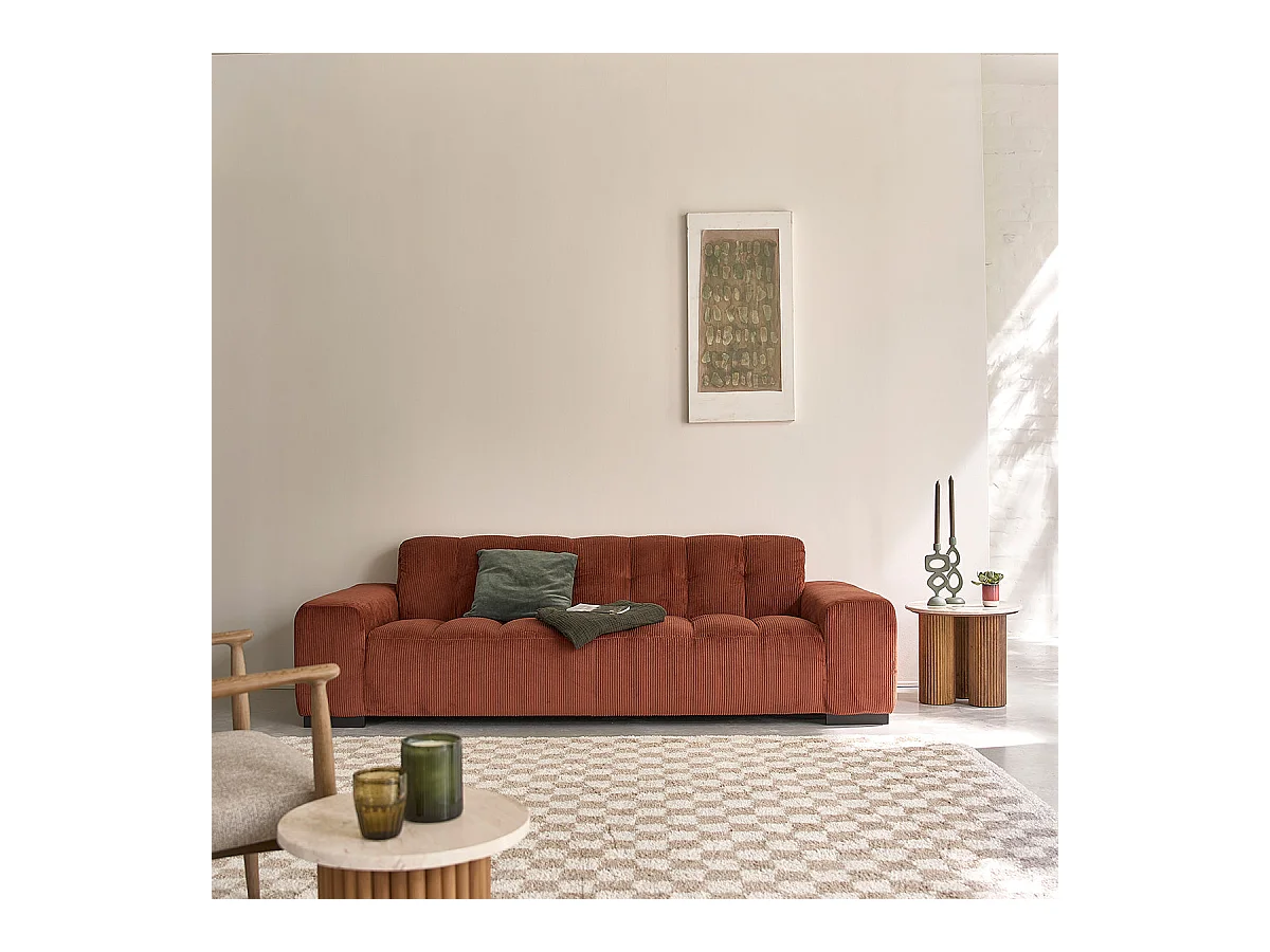 Canapé droit 4 places en velours côtelé terracotta