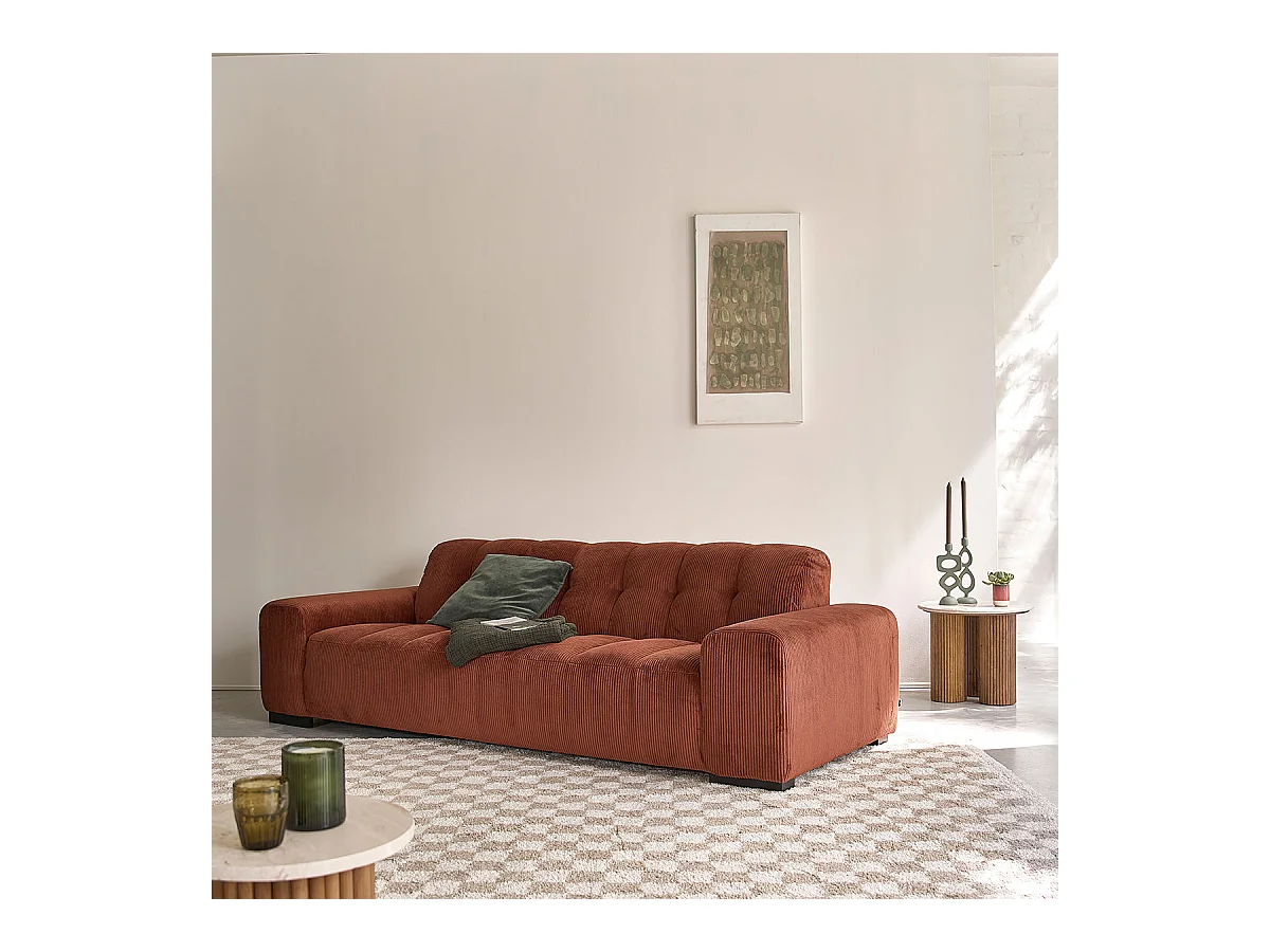 Canapé droit 4 places en velours côtelé terracotta