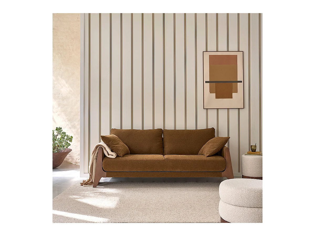 Canapé droit 3 places en bois massif et tissu velours bronze