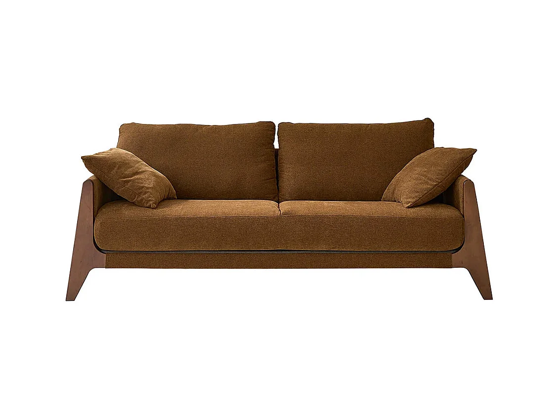 Canapé droit 3 places en bois massif et tissu velours bronze