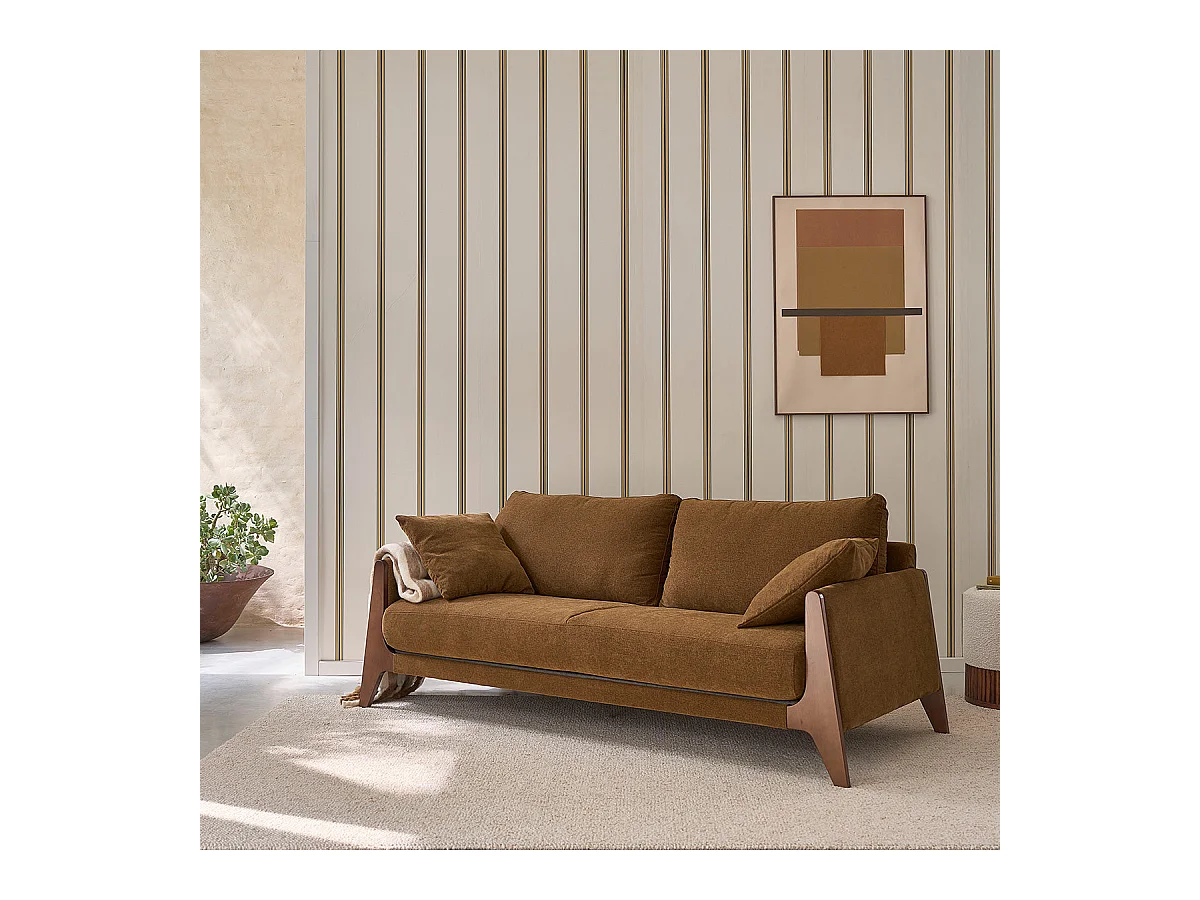 Canapé droit 3 places en bois massif et tissu velours bronze