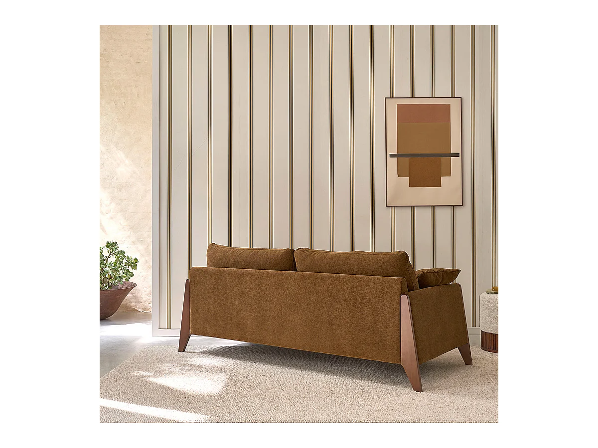 Canapé droit 3 places en bois massif et tissu velours bronze