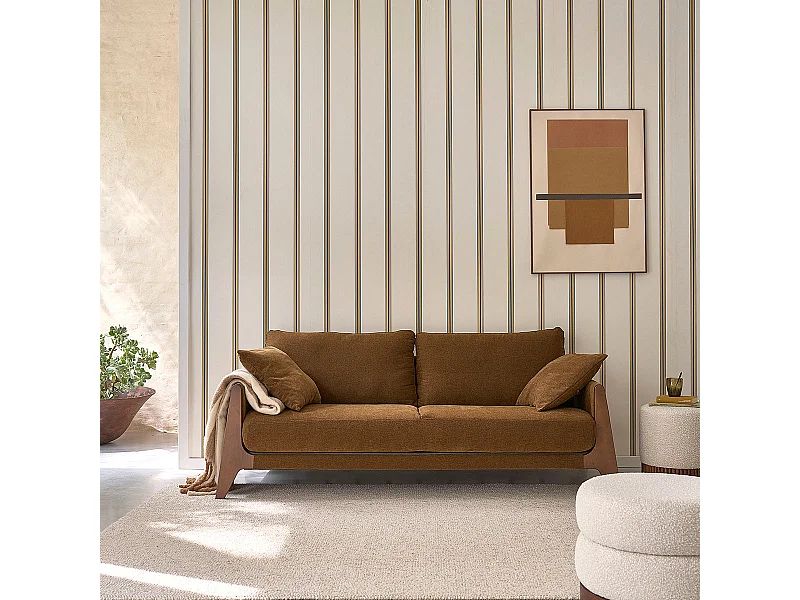 Divano lineare a 4 posti in legno massello e tessuto in velluto bronzo