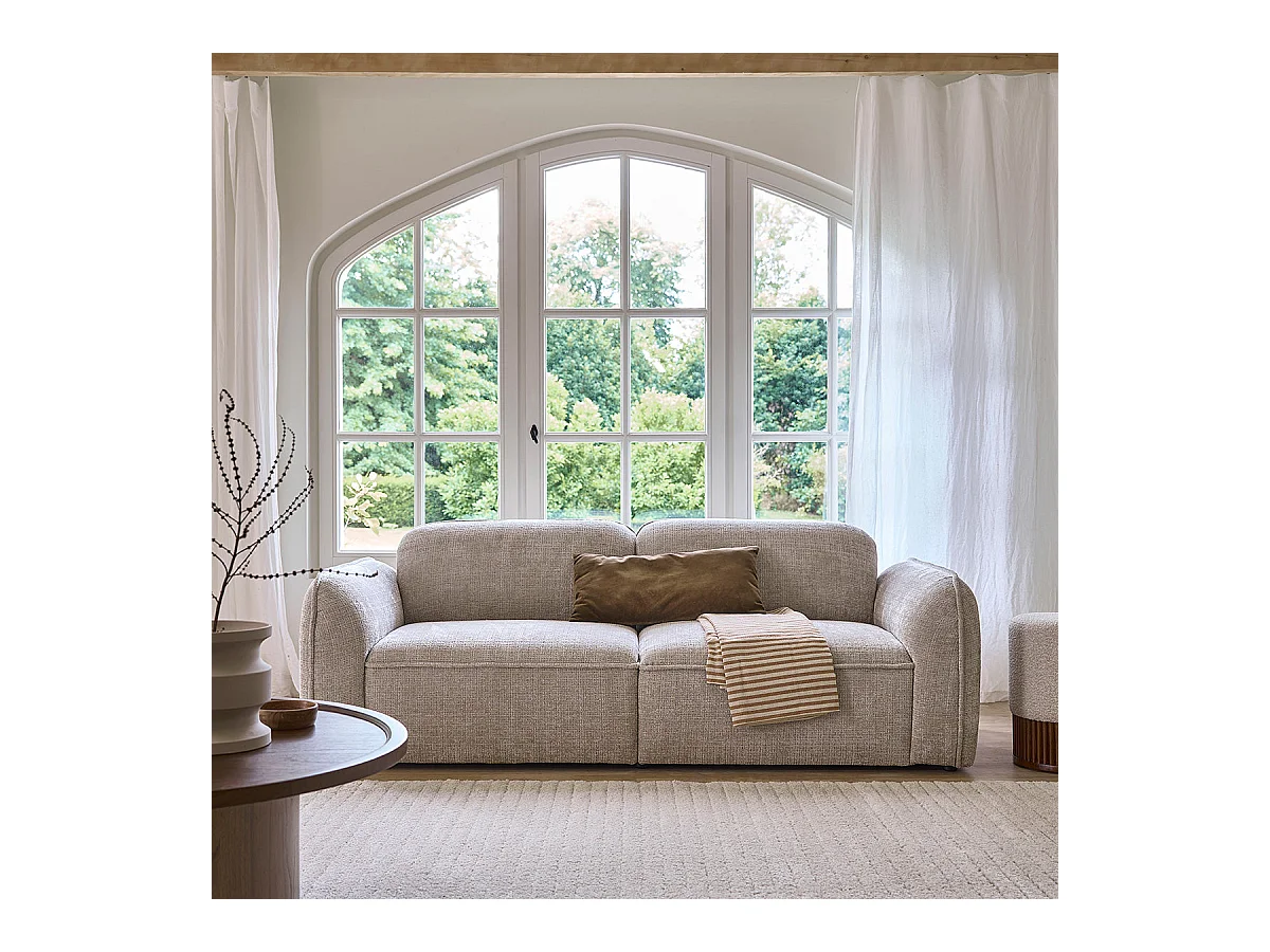 Canapé droit 3 places en velours texturé beige