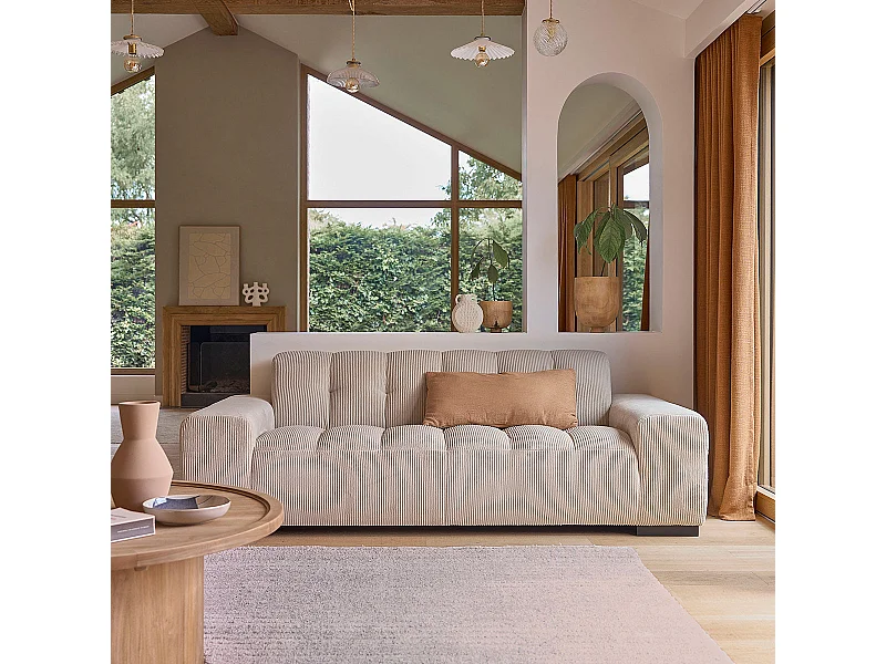 Divano lineare 3 posti in velluto a coste ecrù