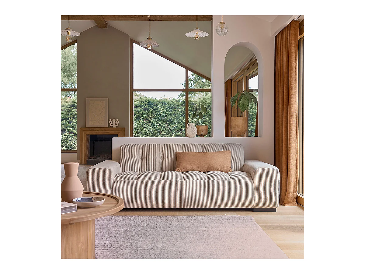 Canapé droit 3 places en velours côtelé écru