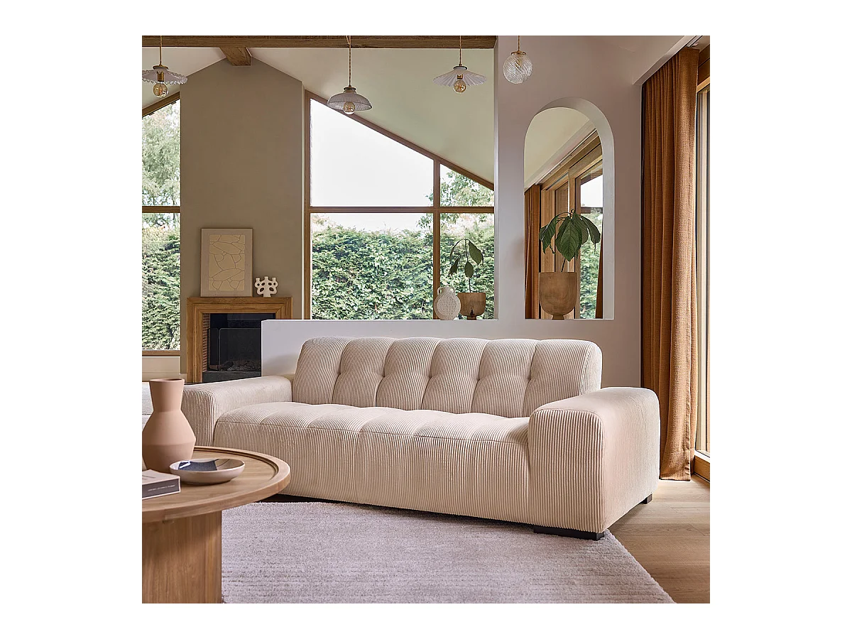 Canapé droit 3 places en velours côtelé écru