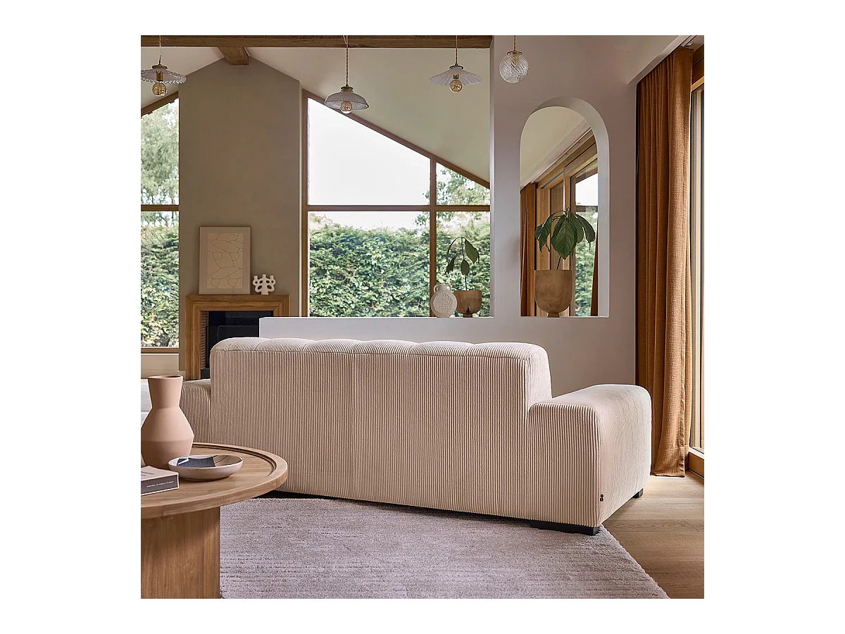 Canapé droit 3 places en velours côtelé écru