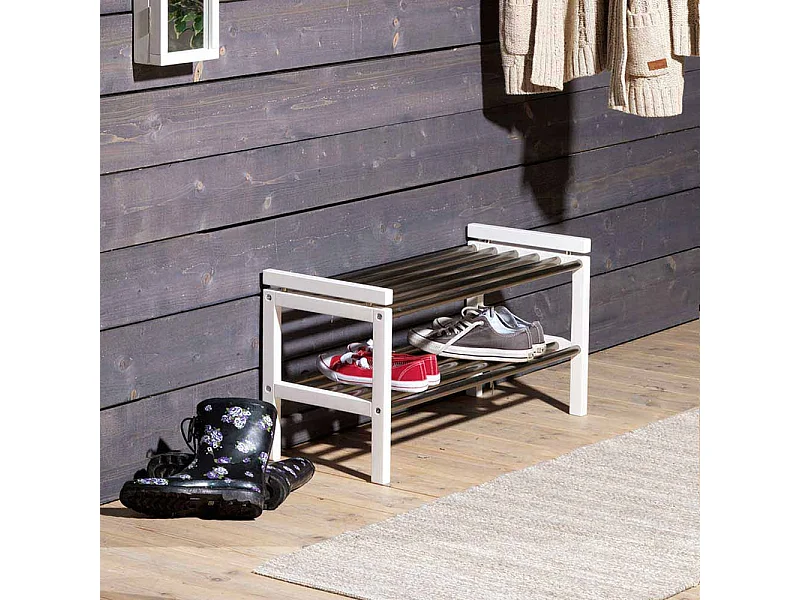 Schuhregal in Weiß Eiche massiv Edelstahl