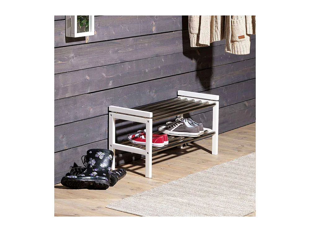 Schuhregal in Weiß Eiche massiv Edelstahl