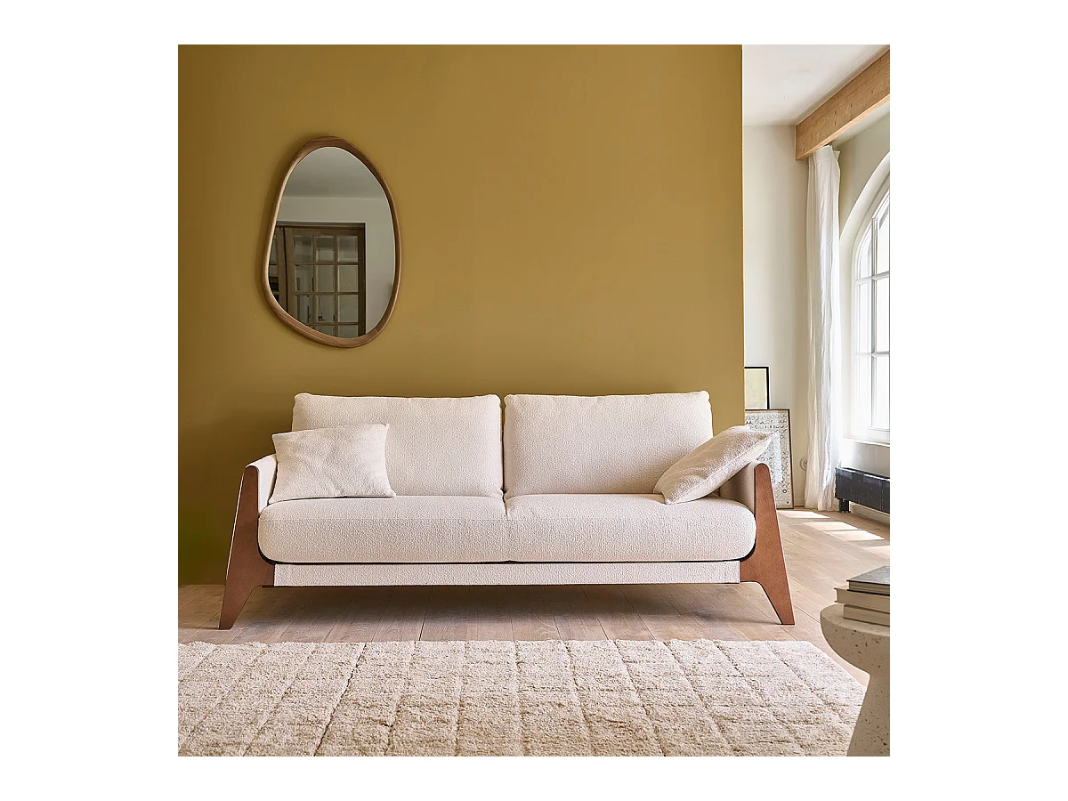 Canapé droit 3 places en bois massif et tissu bouclette